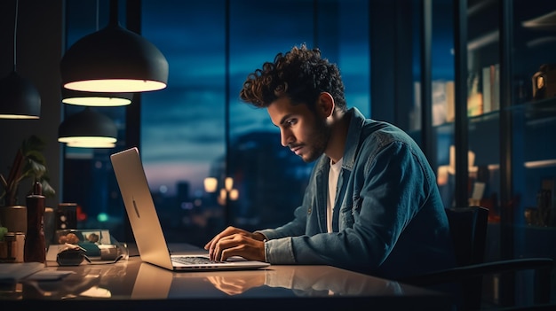 Businessman sitting at office desk working on laptop computer