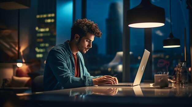 Businessman sitting at office desk working on laptop computer