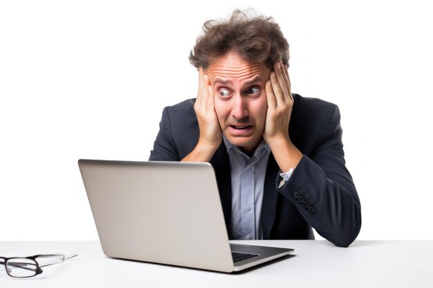 Фото Бизнесмен сидит в офисе со стрессом и головной болью, используя ноутбук на белом фоне