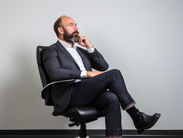 Photo businessman sitting at workplace with thoughtful face expression ai generated