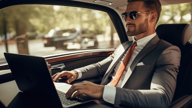 Businessman in a sleek suit working on a laptop in the back seat of a luxury car