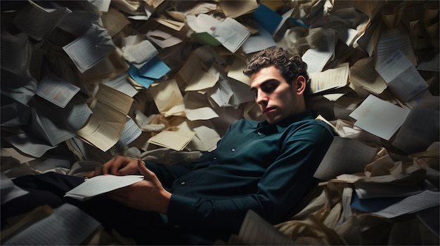 Businessman sleeping on a pile of papers and looking at the camera