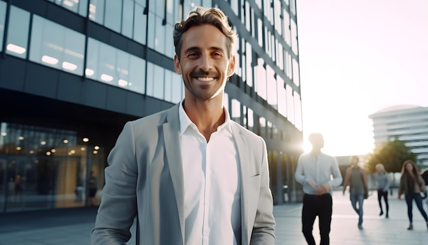 Foto sorriso di uomo d'affari background di costruzione aziendale