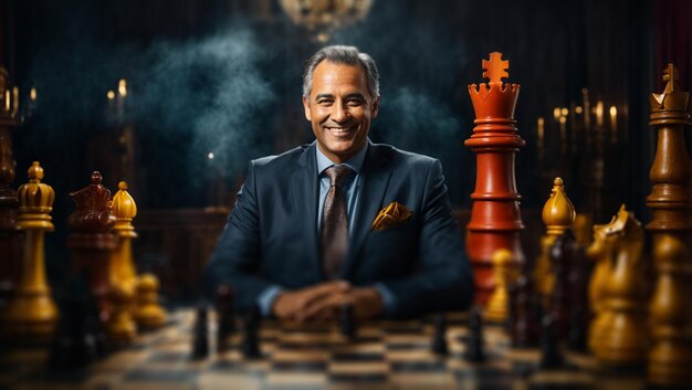 Photo a businessman smiles while playing giant chess