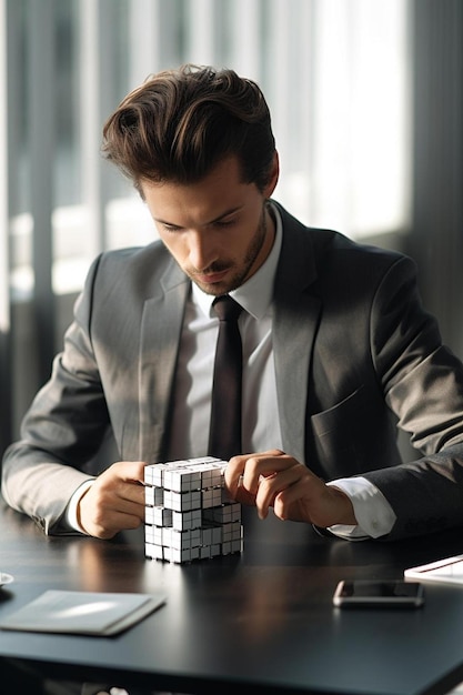 Businessman solving puzzle cube at desk in office