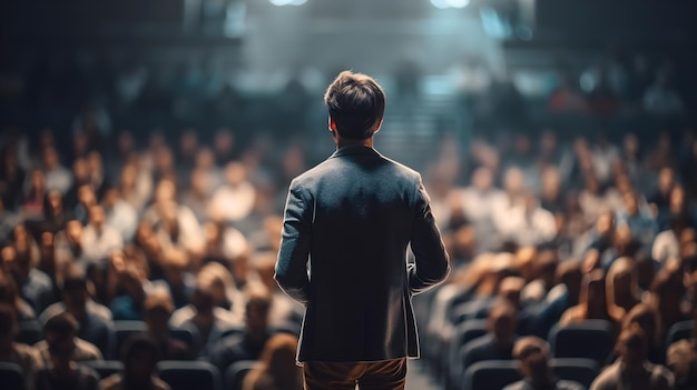 A businessman speaking in front of audience