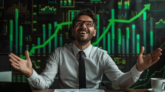 Photo a businessman spreading his hands wide in celebration with a background of increasing green bar gra