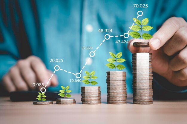 Photo businessman stacking increasing coins with tree growing and graph for money deposit savings to return dividend investment and interest growth concept