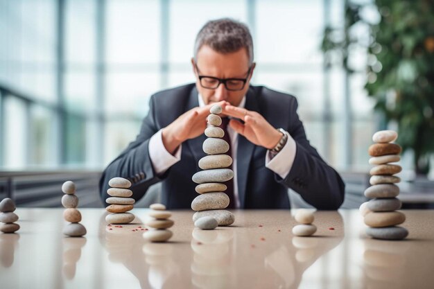 businessman stacking pebble stones in office