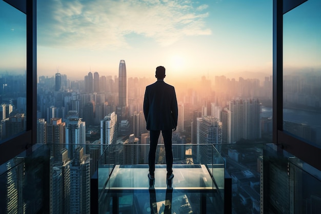 Businessman stand at rooftop looking great cityscape view and thinking business plan of the future