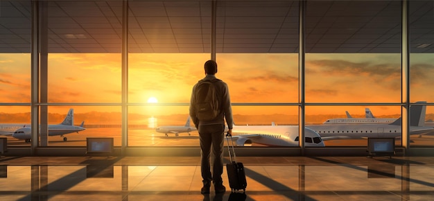 businessman standing at the airport window at Airport Terminal Generative AI