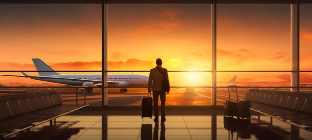 businessman standing at the airport window at Airport Terminal Generative AI