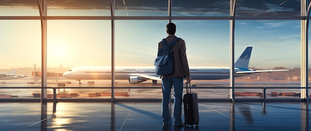 공항 터미널에서 비행기를 기다리는 여행 수하물과 함께 공항에 서 있는 사업가