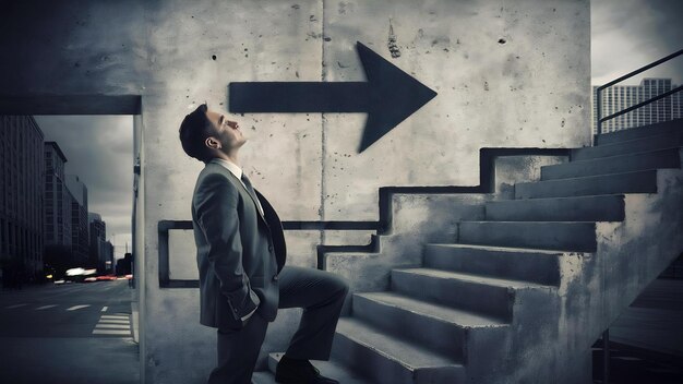 Businessman standing on concrete stairs and looking on arrow