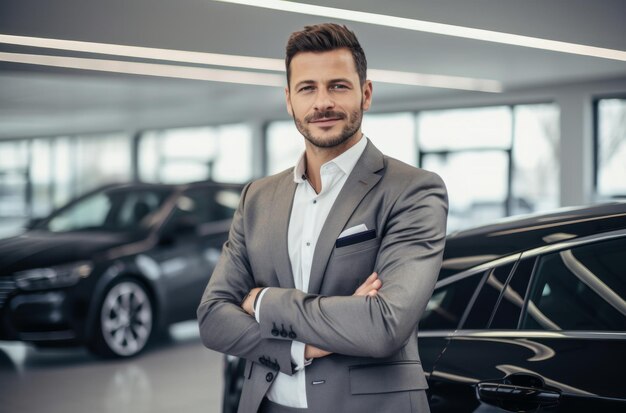 A businessman standing in front of a car showroom