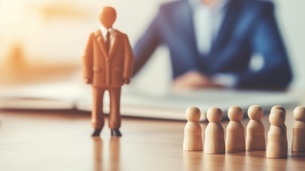 Businessman standing in front of a group of wooden figures Concept of leadership