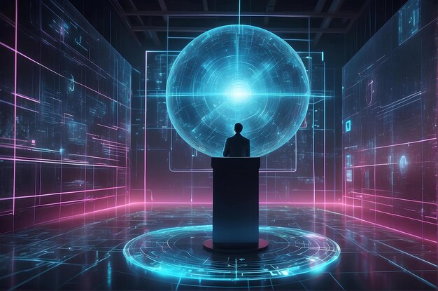 Businessman standing in front of hologram sphere