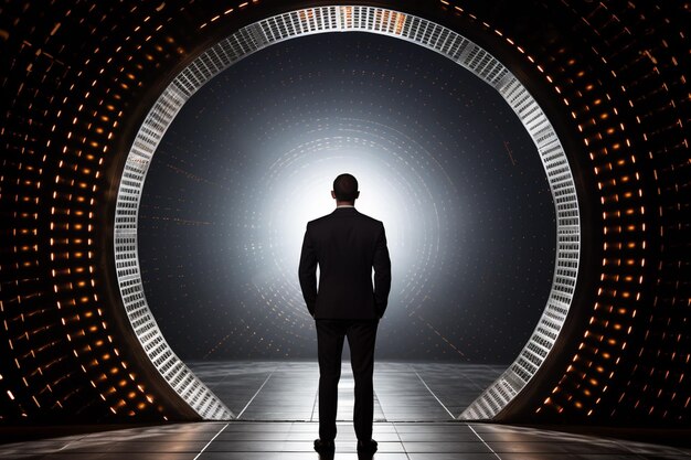 Photo a businessman standing in front of an illuminated tunnel