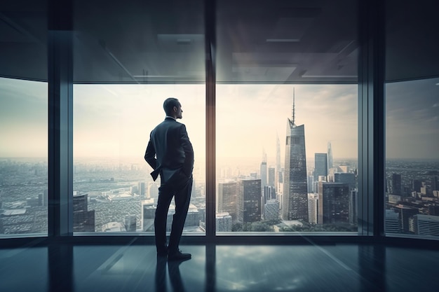 A businessman standing in front of a large window looking at the city