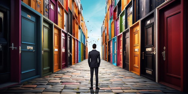 A businessman standing in front of several doors with different colors Generative Ai