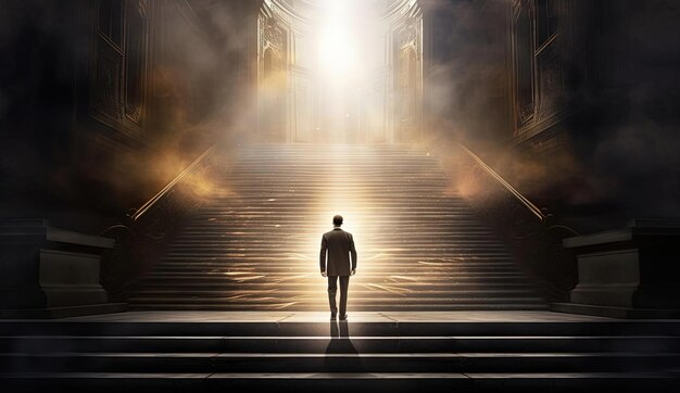 businessman standing on front steps with light coming out of the door in the style of surrealistic