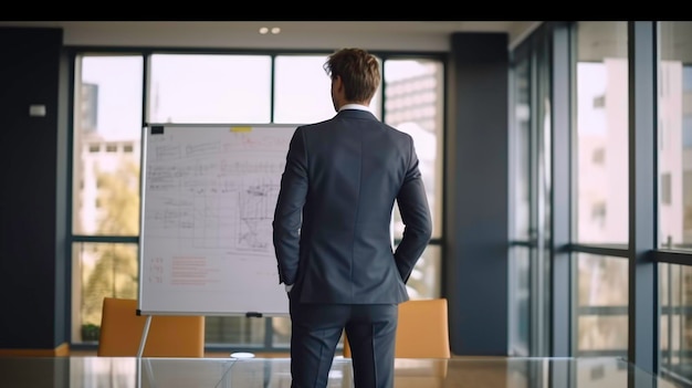 The businessman behind standing in front of the white board presents a strategy generated by ai