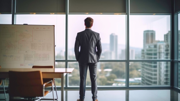 Бизнесмен, стоящий перед белой доской, представляет стратегию, созданную ИИ.