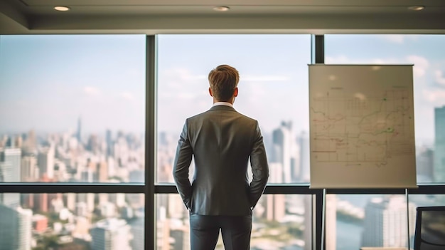 The businessman behind standing in front of the white board presents a strategy Generated by AI