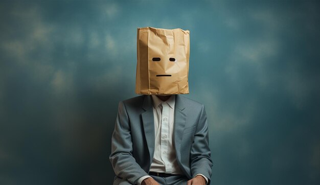 Photo businessman standing and gesturing with a cardboard box on his head with smiley face