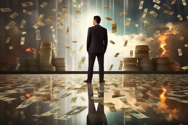 businessman standing holding currency reflecting success