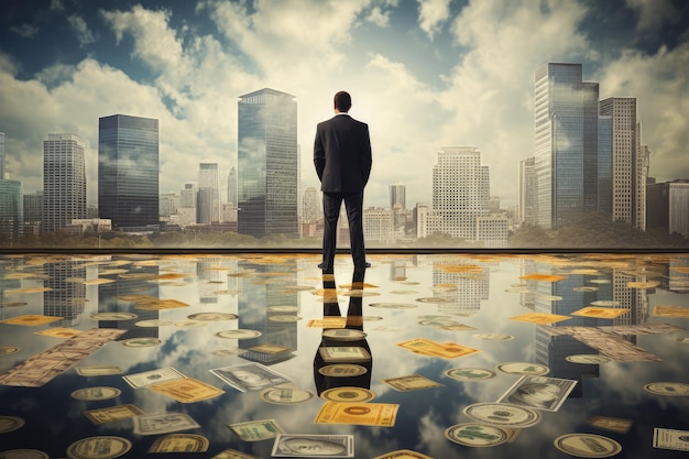 Photo businessman standing holding currency reflecting success