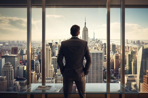 Businessman standing looking the city from his office room Rear view