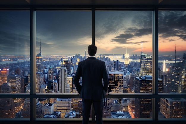 Businessman standing looking the city from his office room Rear view