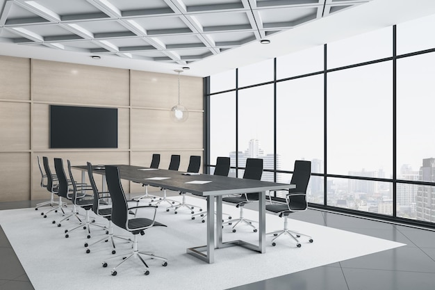 Businessman standing in meeting interior room