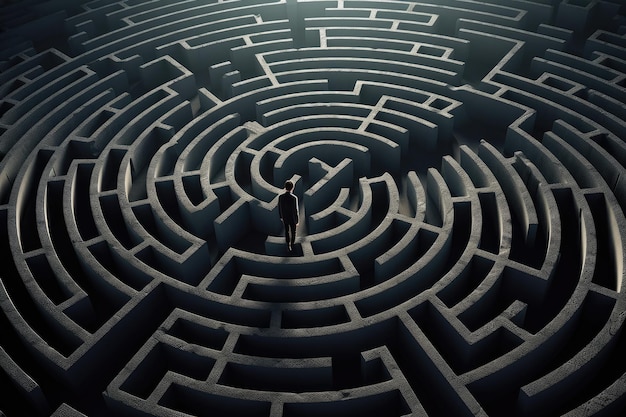 Businessman standing in a middle of a labyrinth 3D rendering Man silhouette in maze or labyrinth Finding solution and self concept AI Generated