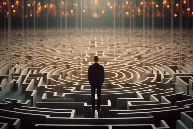 Businessman standing in a middle of a labyrinth 3D rendering