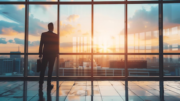 Businessman standing in a modern office and looking at the city He is holding a briefcase and wearing a suit The sun is shining through the windows