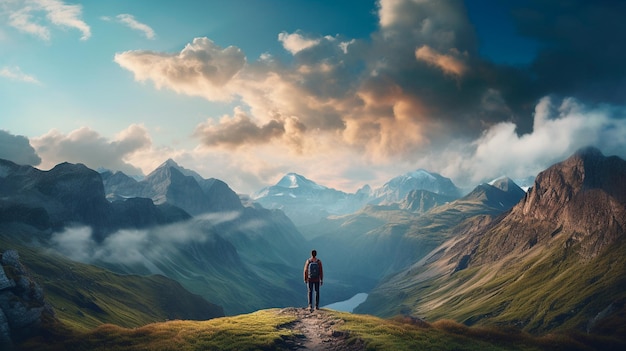 businessman standing in the mountains