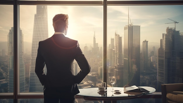 Бизнесмен, стоящий в офисе перед большим окном, смотрит в центр города сзади.