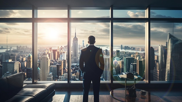 Businessman standing in office room in front of big window watch downtown below back side