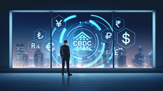 Businessman standing in office room looking at panoramic window with night cityscape and glowing hologram with central bank digital currency Concept of blockchain and world economy