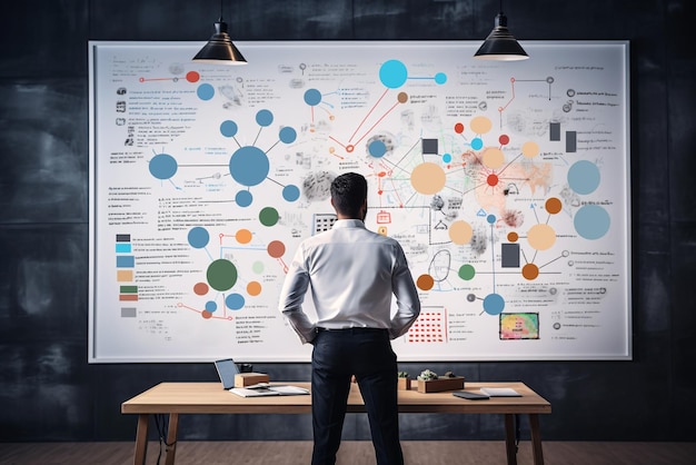 Photo businessman standing in office with business infographics on whiteboard in office generative ai