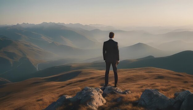 Фото Бизнесмен, стоящий на вершине горы и глядя в даль
