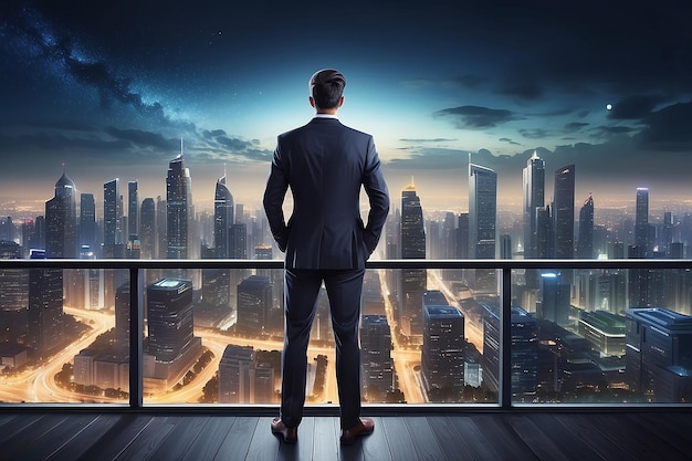 Businessman standing on open roof top balcony watching city night view Business ambition and visio