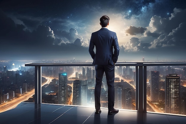 Businessman standing on open roof top balcony watching city night view Business ambition and visio
