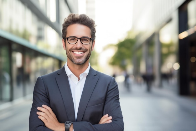 A businessman standing outside of an office