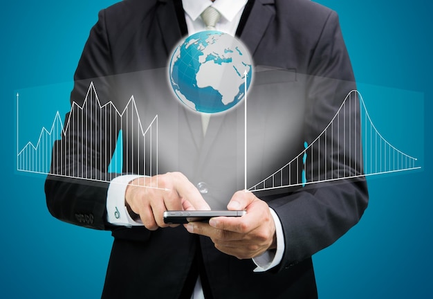 businessman standing posture hand hold mobile phone analyze graph isolated