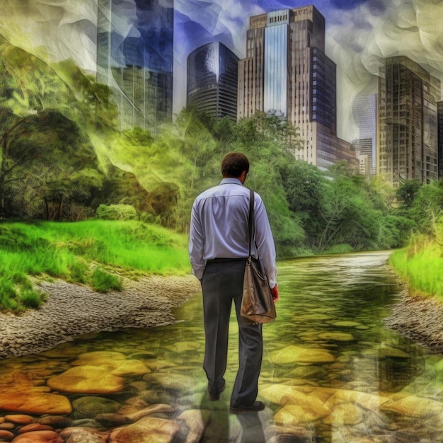 Businessman standing on the river and looking at the cityscape