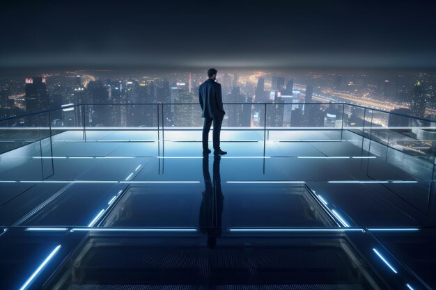 Businessman standing on the roof of a building overlooking the night city Generative AI