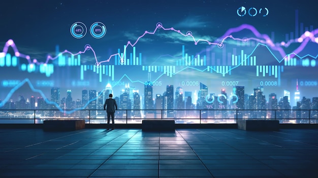 Businessman standing on rooftop leaning on balustrade looking at virtual screen hologram graph with skyline Bar chart with lines dynamics Concept of business research and forex